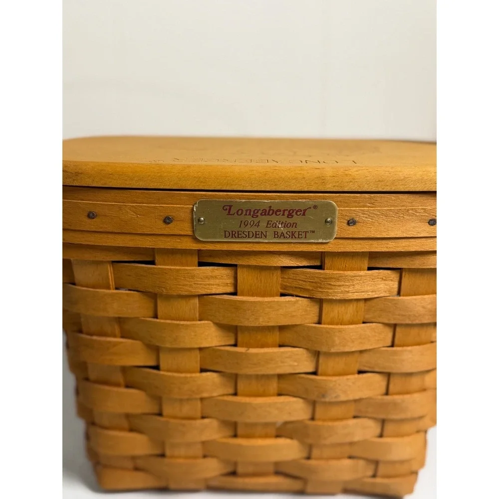 VTG Longaberger Dresden Basket 1994 Edition Wood Lid Woven Picnic Decor Brown